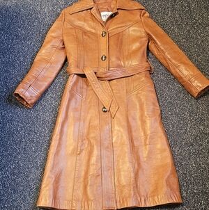 Vintage 1970s Brown Genuine Leather Trench Coat Jacket